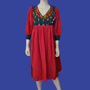 VTG OPUS 1 1970s Mexican Pink Patchwork Horn Beaded Fringe Boho Festival Dress